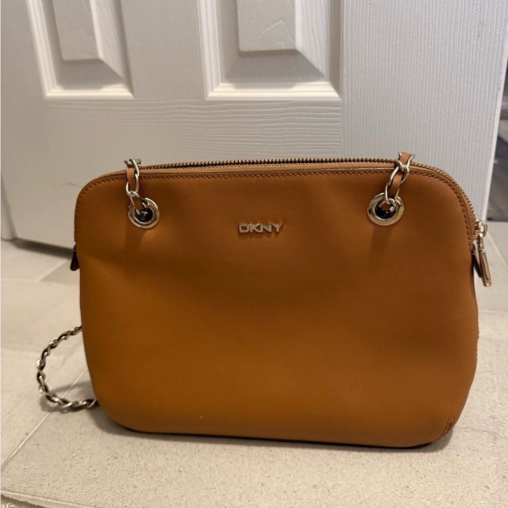 DKNY Tan Leather Crossbody Bag with Silver Hardware